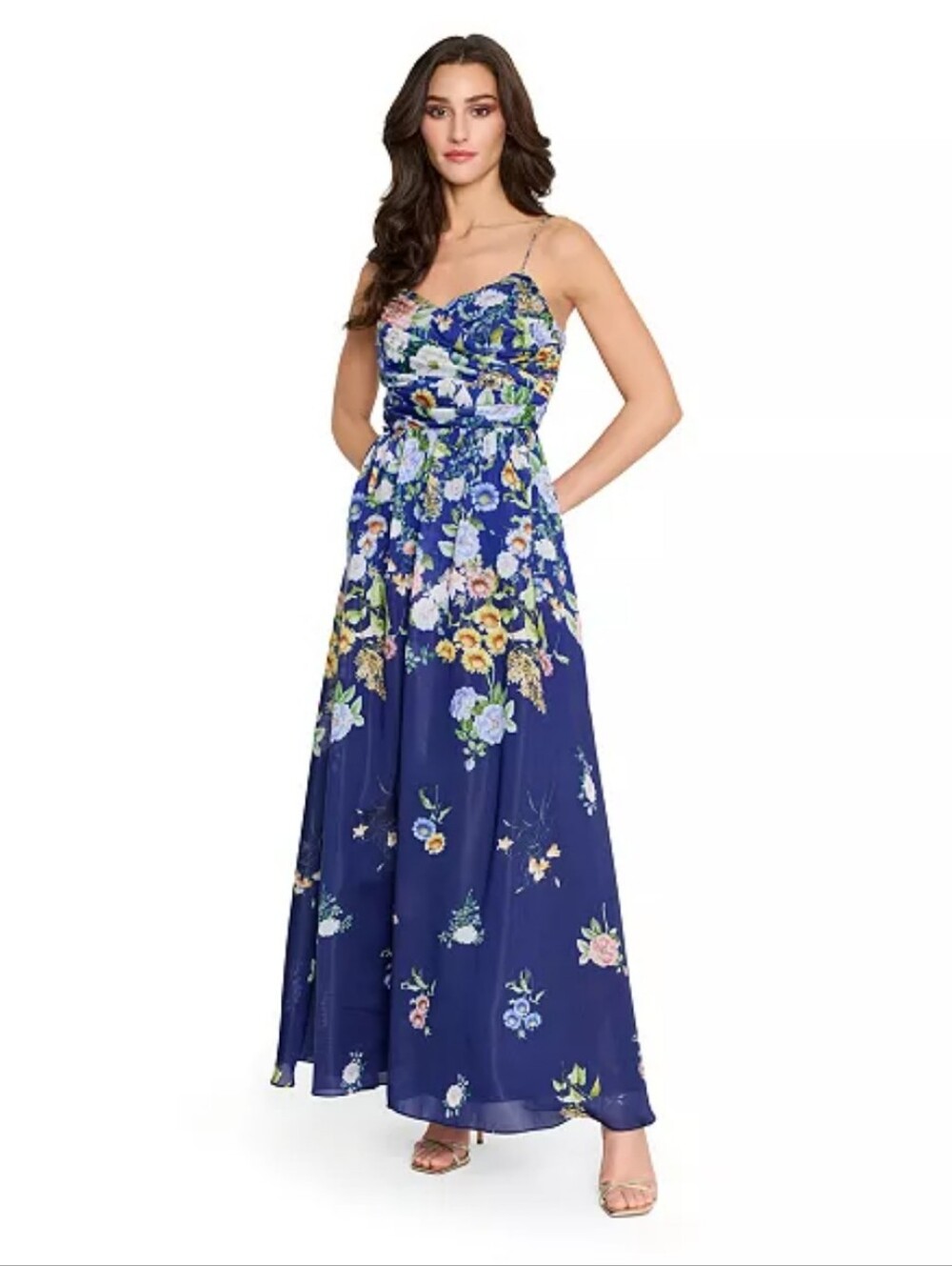 Tahari ASL Navy Floral Maxi Dress 16 Spaghetti Strap Formal Gown $299 Fairycore